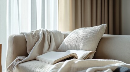 Senior living woman reading a book on a comfortable sofa. Featuring relaxation and escape