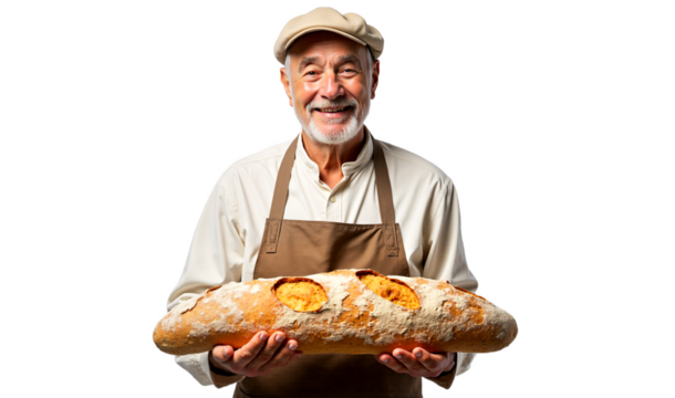 Smiling senior baker holds crusty bread loaf, isolated on transparent background. Perfect for bakery ads, food blogs, recipe sites, and healthy eating campaigns.