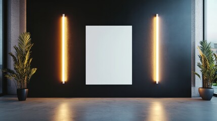 Modern Gallery Interior With Blank Canvas And Lights