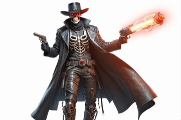 Fototapeta premium Skeleton cowboy with guns, fiery weapon, dark coat.