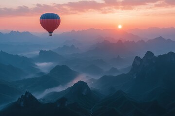 Serene Sunrise Hot Air Balloon Ride Over Misty Mountains