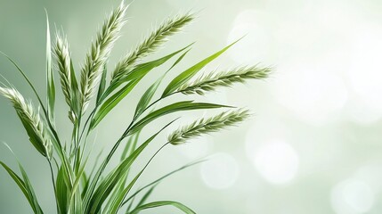 Fototapeta premium Serene Green Grass Stalks with Delicate Seed Heads in Soft Light, Peaceful Nature Photography