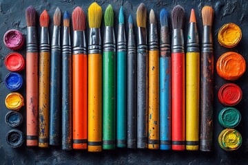 Fototapeta premium Crayons against a background of various creative tools: paints, brushes, markers and others, emphasizing the multifaceted nature of the creative process.