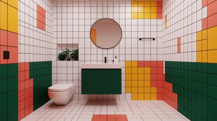 Modern Bathroom Design with Colorful Geometric Tile Patterns