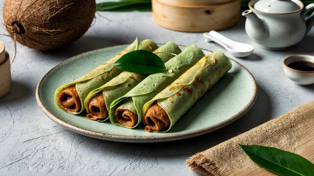 Delicious Dadar Gulung Indonesian Coconut Pancakes, Traditional Dessert with Captivating Close-Up Shots and Mouthwatering Presentation
