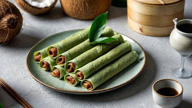 Delicious Dadar Gulung Indonesian Pancakes, A Sweet Delight of Green Crepes Filled with Grated Coconut and Palm Sugar Filling