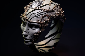 Gray Face Sculpture with Gold Accents and Diamond