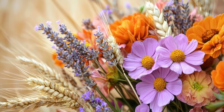 Summer arrangement with bright blooms, wheat, and dried lavender.