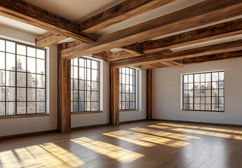 Obraz premium Empty Loft Apartment with Exposed Wooden Beams and City View