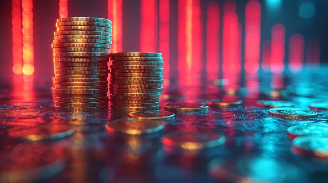 Financial growth strategy stacked coins presenting wealth in a digital environment with vibrant lighting effects macro photography perspective