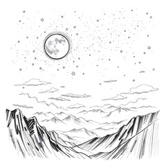 Hand-Drawn Sketch Portraying Moons, a Starry Sky, Rolling Clouds, and Distant Mountains with Dreamy Atmosphere
