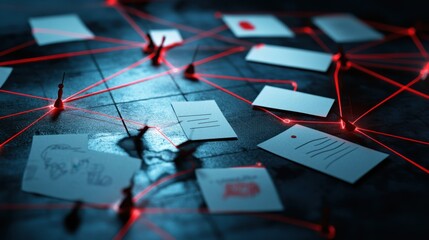 Crime scene detective board with blank pinned notes, pushpins, and red thread connections on a dark backdrop.