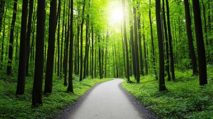 Obraz premium Earth day environmental idea. A serene path winding through a lush green forest, illuminated by soft sunlight.