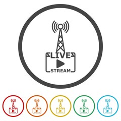 Live stream icon. Set icons in color circle buttons