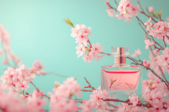 Pink Perfume Bottle and Cherry Blossoms