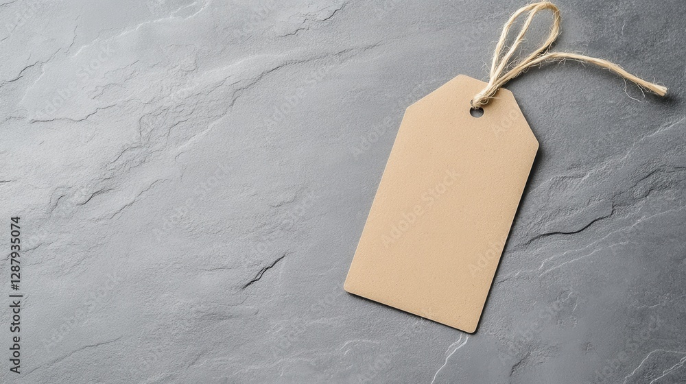 Poster blank kraft paper tag with string on textured slate background, perfect for branding or price labeli