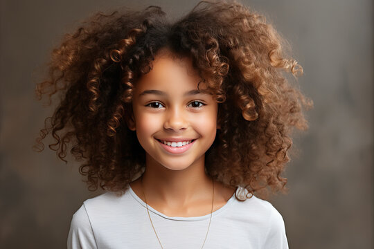 Portrait of a little mestizo girl with afro curls and a white T-shirt.