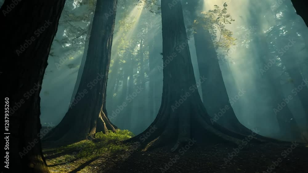 Poster tracking video through a forest of giant hollowed-out trees with light filtering through their openi