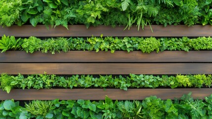 Lush vertical garden with diverse green plants on wooden slats design for urban spaces