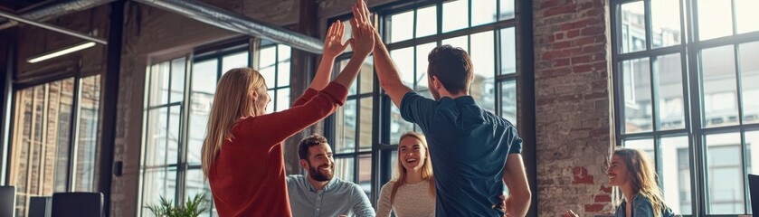 Obraz premium Dynamic young startup team collaborating in a modern loft office, fostering creativity and innovation.