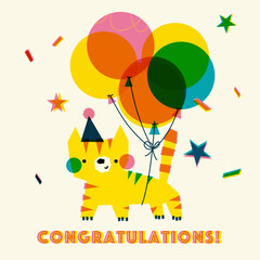 Retro risograph vintage postcard poster childish cute tiger with balloons and confetti. 