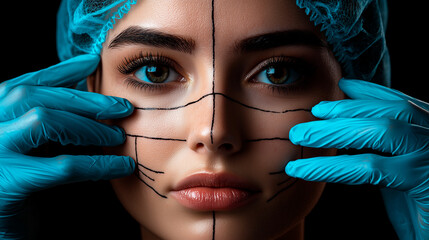 Woman's Face with Surgical Markings and Gloves