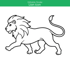 A simple line drawing of a walking lion, facing left. Clean lines, editable stroke, suitable for logos, icons, or illustrations. Black and white vector graphic.