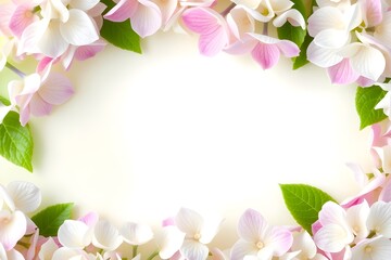 Romantic white hydrangea petals forming a floral border on a pale green gradient backdrop
