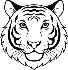Majestic Tiger Head, Line Art, Black and White, Wild Cat, Stripes, Powerful Predator, Feline, Nature