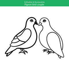 Line art illustration of a pair of pigeons, facing each other, suitable for coloring pages, prints, or digital designs. Simple, editable vector graphic.