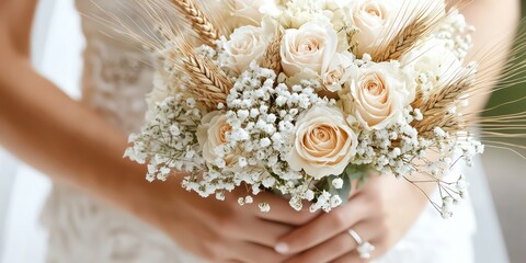 Timeless bridal bouquet with roses, baby&acirc;&euro;&trade;s breath, and wheat strands.