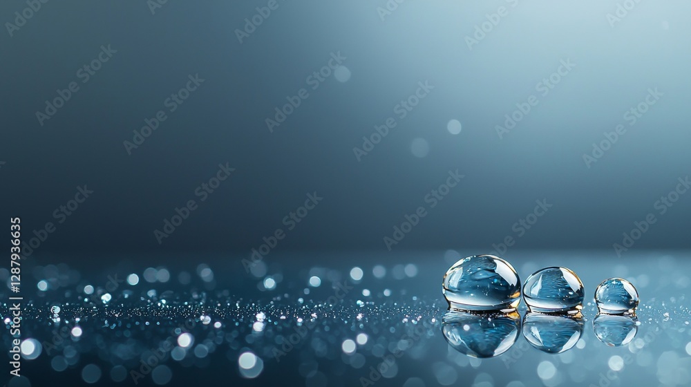 Poster captivating water droplets reflecting light indoor setting macro photography calm environment close-