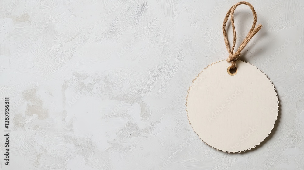 Poster blank round tag on marble background with rustic string, perfect for branding or craft projects.