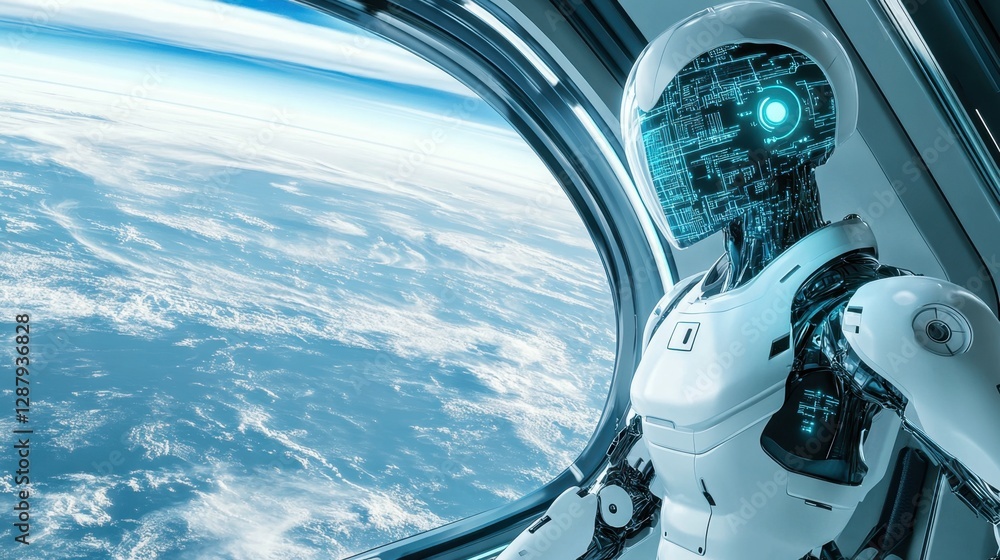 Aufkleber humanoid ai robot with glowing circuits observing earth from a sleek spacecraft window, reflecting t