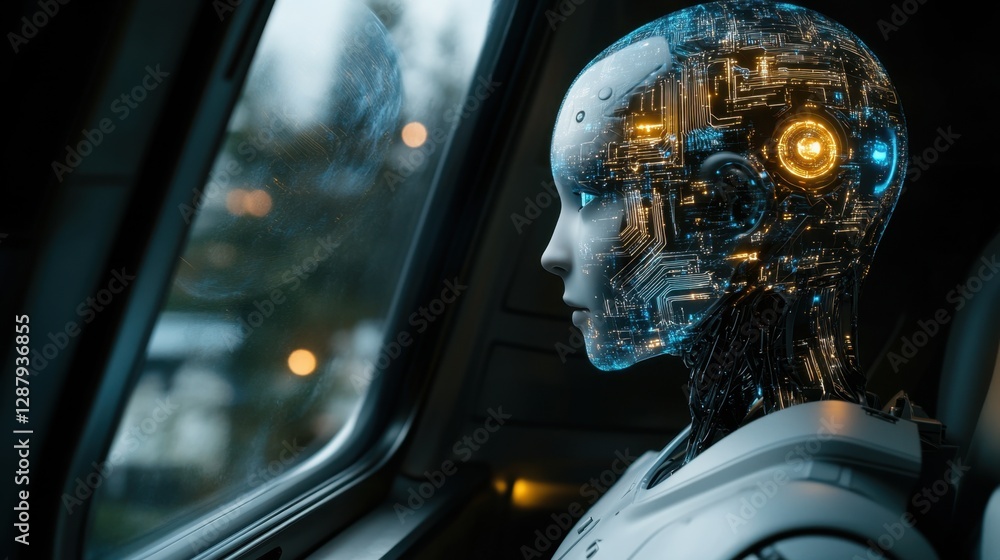 Poster humanoid ai robot with glowing circuits observing earth from a sleek spacecraft window, reflecting t