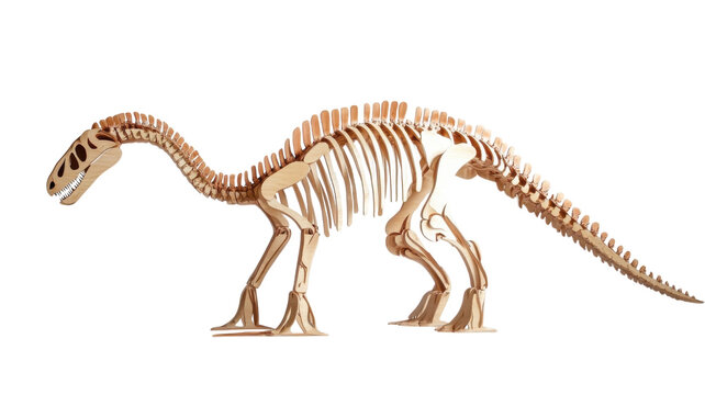 Skeleton model of a dinosaur showing detailed structure and anatomy in natural wood finish for educational purposes