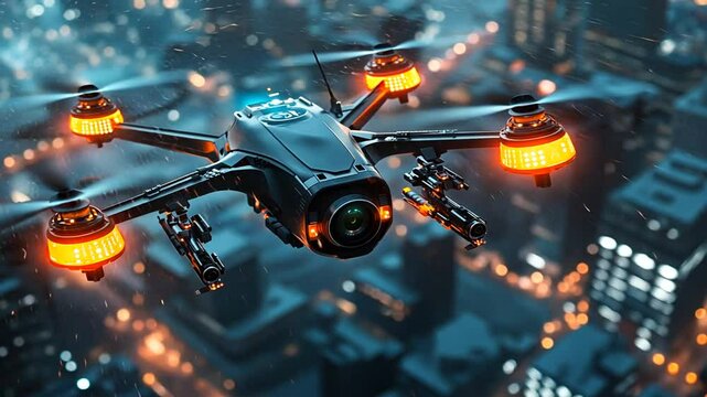 A futuristic drone with weapons flies over a blurred, bustling city at night.