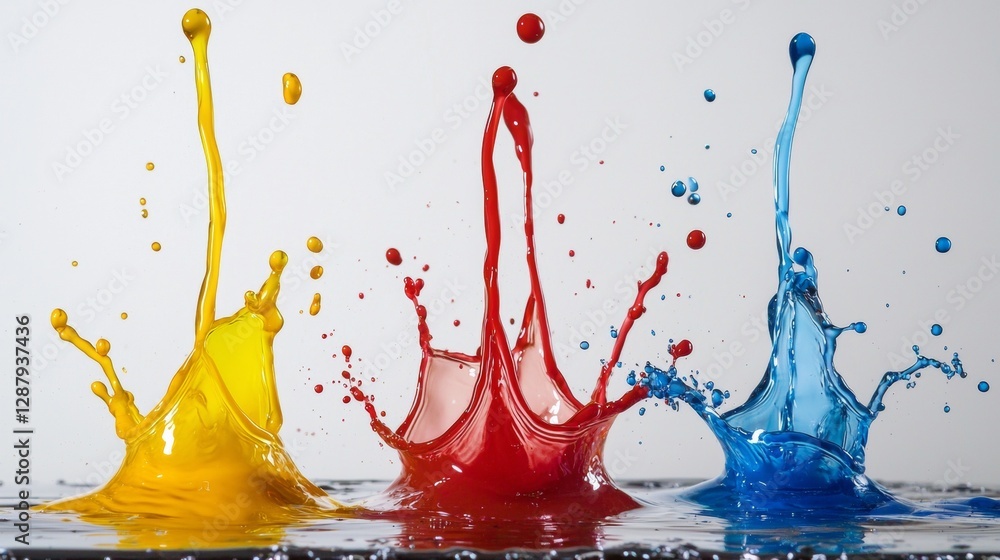 Poster dynamic splashes of colorful paint droplets studio photography clean background close-up artistic ex