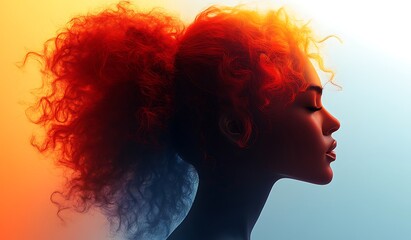  Silhouette with Vibrant Curly Hair on Gradient Background