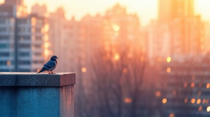 Urban serenity at sunset: pigeon resting on concrete ledge overlooking cityscape