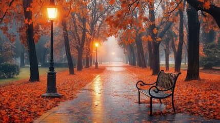 Naklejka premium Empty bench on a tree-lined path in autumn with glowing streetlights.