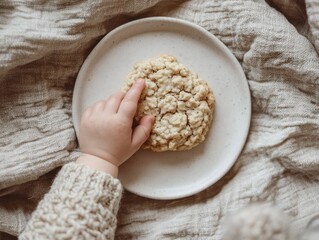 A childs hand reaching for homemade oatmeal cookie on cozy blanket