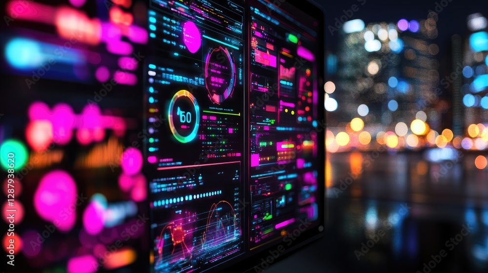Poster futuristic data dashboard with colorful visualizations at night
