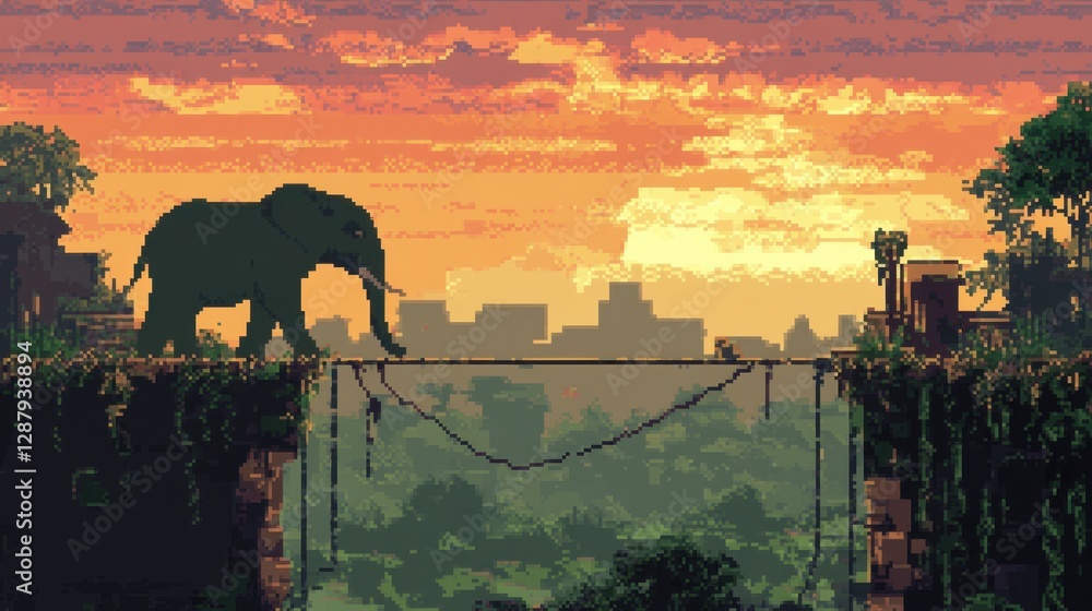 Aufkleber retro game-inspired image of an elephant balancing on a high wire against a pixelated sky