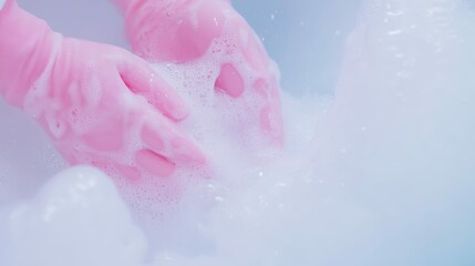 Fototapeta premium Cleaning routine with pink gloves and soapy water for household chores and hygiene