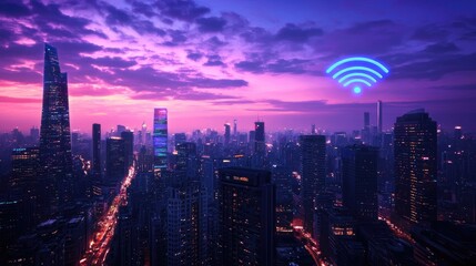 Fototapeta premium Urban Skyline with Wi-Fi Symbol and Vibrant Sunset Sky