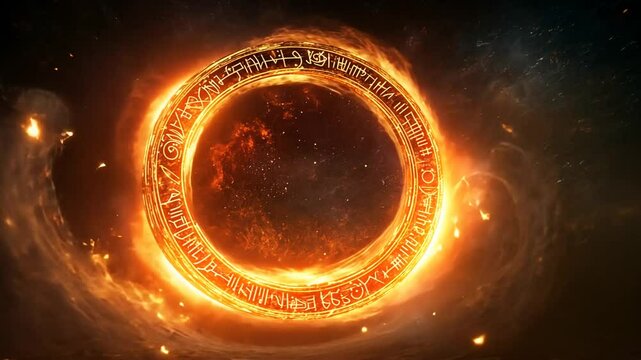 A glowing orange portal of mystical energy with ancient runes and swirling cosmic flames.