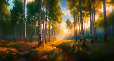 Fototapeta premium Sunlight streams through birch trees in a serene forest. Golden light illuminates the peaceful woodland path.