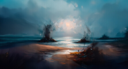 Dramatic seascape with islands under a cloudy sky. A mysterious glow illuminates the scene, casting shadows over dark islands and calm waters. The horizon hints at a distant storm.