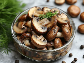 Fototapeta premium A glass jar with pickled mushrooms, a sprig of dill and a few peppercorns nearby.
